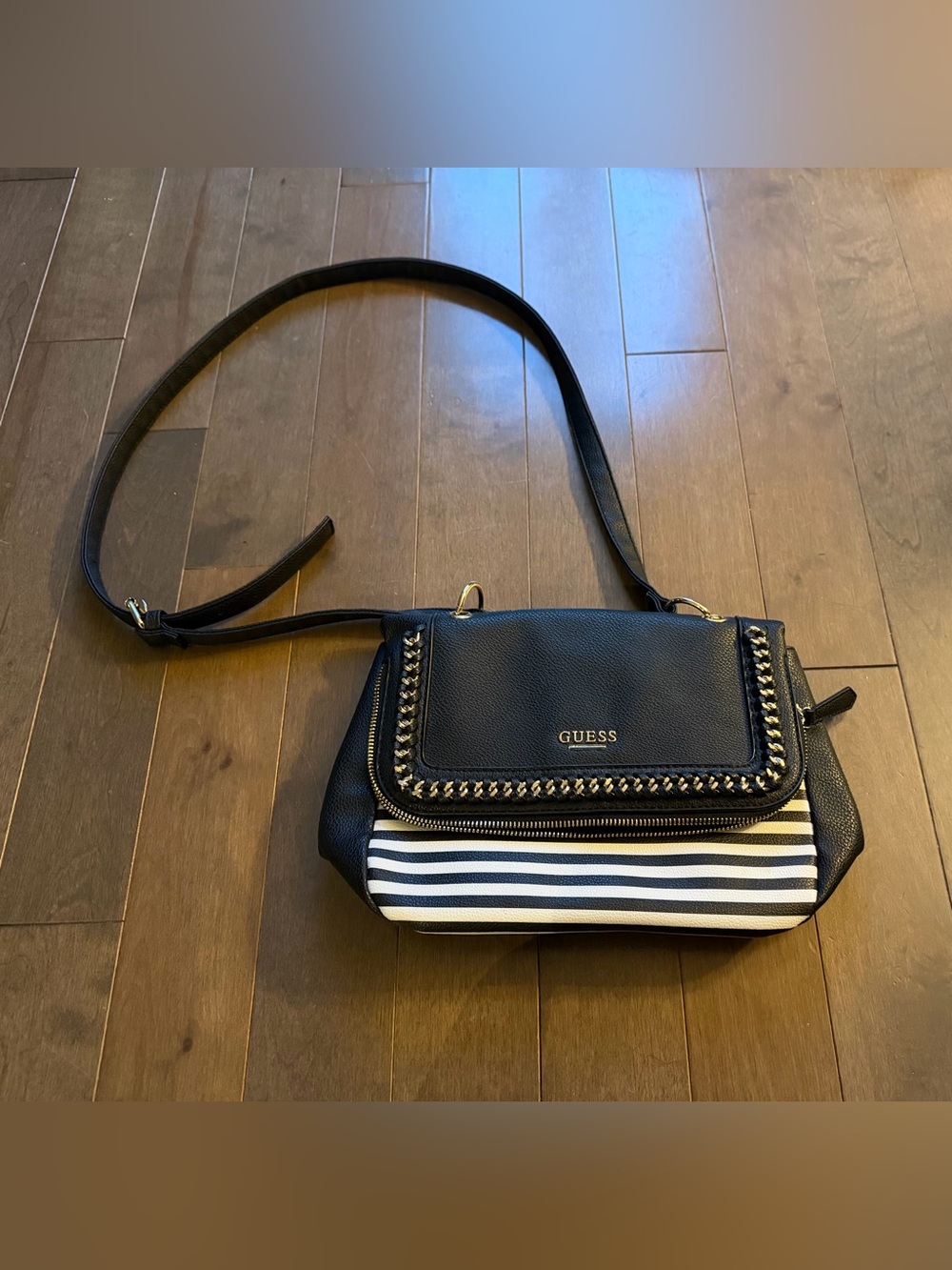 GUESS Black Crossbody Bag with black and White Striped Front